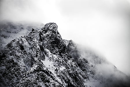 山, 雪, 雪をかぶった, 霧, 霧, 山の風景, ロック