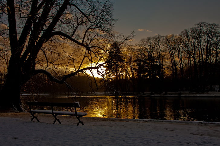 изгрев, езеро, сняг, зимни, пейзаж, спокойствие, сутрин