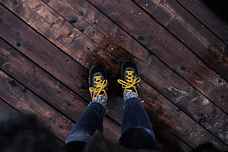 man, black, yellow, athletic, shoes, laces, wood