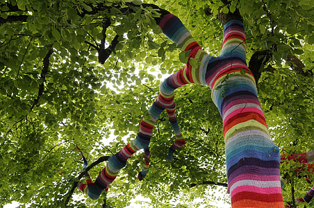 lake constance, tree, promenade, tree decoration, knit, crochet, colorful