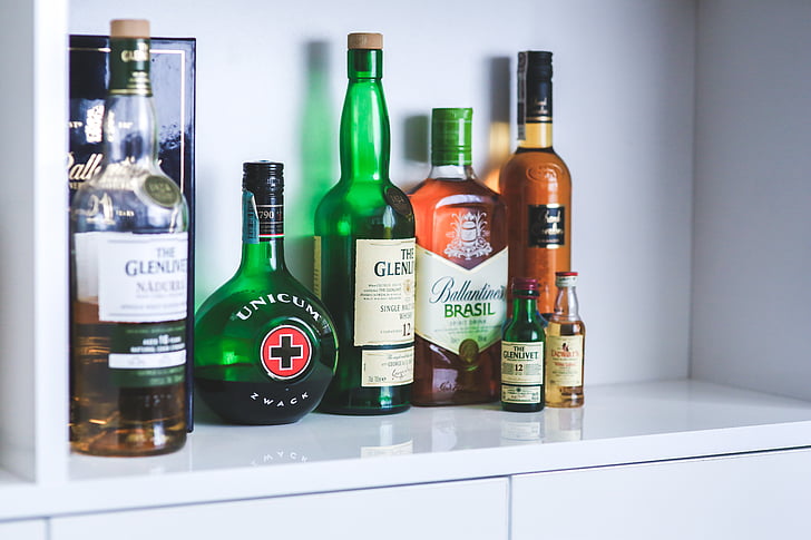 flaskor, flaska, whiskey, alkohol, alkoholism, part, dryck