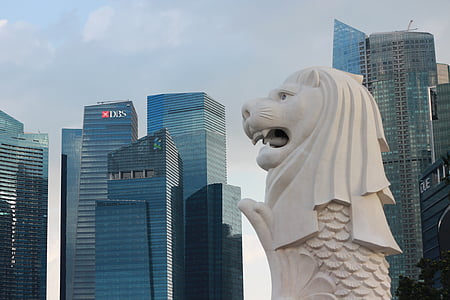 singapore, statue, fountain, city, sea lion, lion, fish