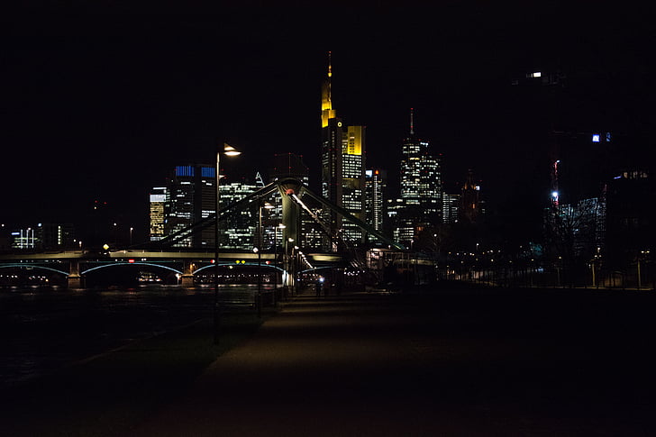 Frankfurt nad Menem, noc, Miasto, Frankfurt am main, Niemcy, Skyline, światła, Abendstimmung