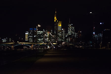Frankfurt, natt, staden, Frankfurt am main Tyskland, Skyline, lampor, abendstimmung