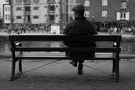 man, bench, city, waiting, sitting, hat, old