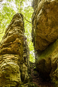 rock, column, passage, way out, forest, trees, output
