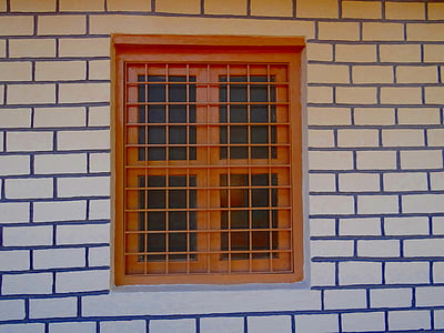 venster, rpli, muur, baksteen, patroon, symmetrie, geschilderd
