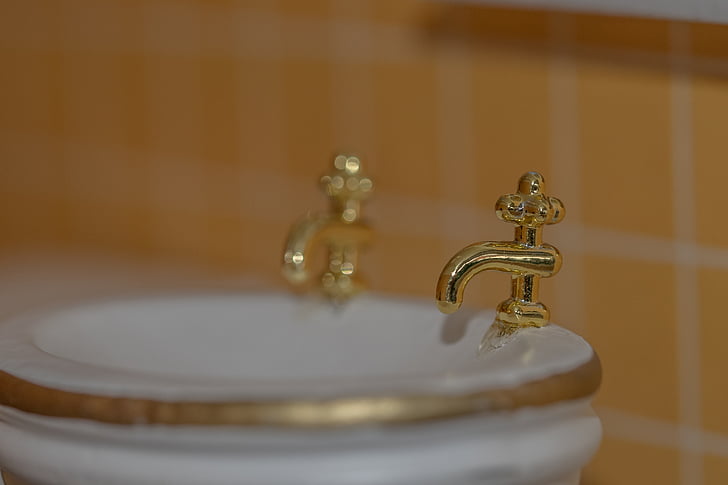 wastafel kamar mandi, keran, mainan, boneka 's house, detail, emas, emas