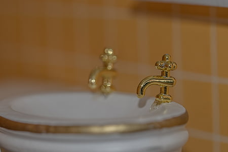 badkamer wastafel, kraan, speelgoed, Poppenhuis, detail, goud, Gouden