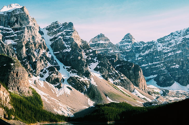 landscape, mountain peak, mountain range, mountains, nature, snow, valley