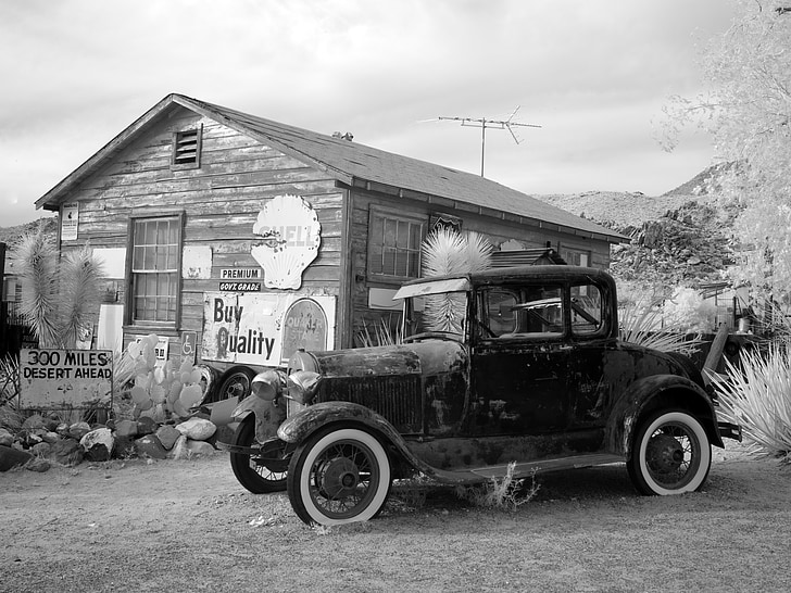Vintage, auto, auton, rakennus, suojaan, vanha, haalistua