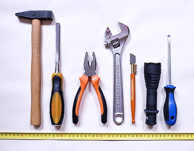 verktøy, arbeid, reparasjon, Hammer, skrutrekker, meisel, rulett