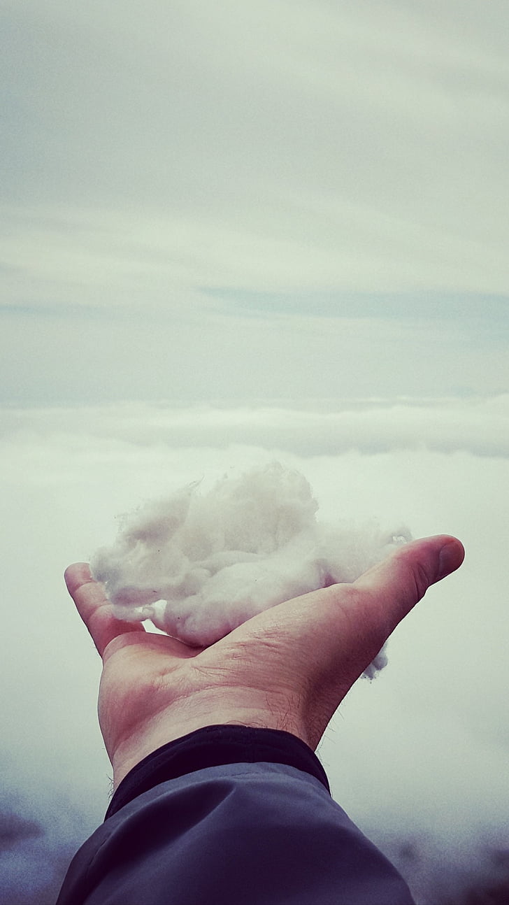 person, holding, cotton, cloud, clouds, hand, hands