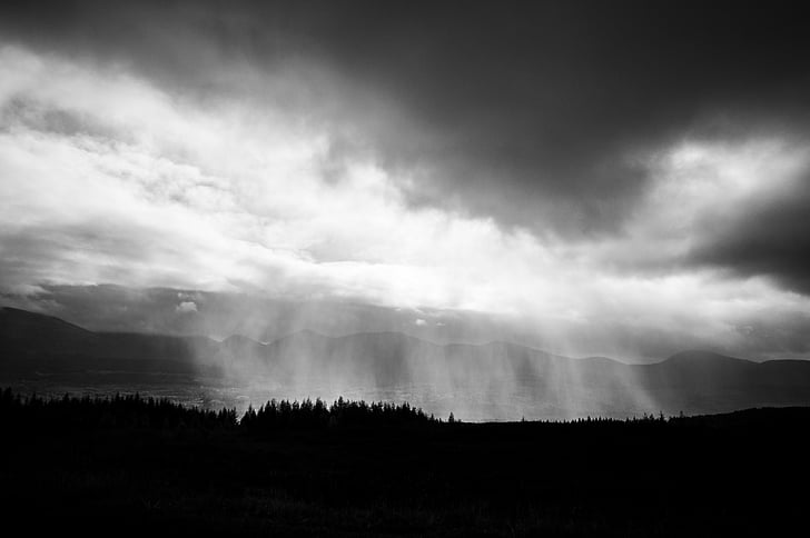 black-and-white, clouds, hills, nature