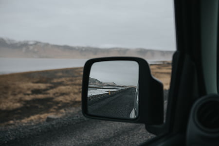 coche, lado, espejo, vehículo, desenfoque de, carretera, viaje