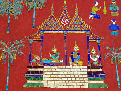 Laos, Luang prabang, IVA sen soukharam, Mosaico, murale, caratteri, storie
