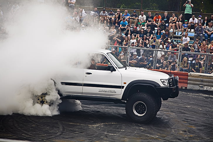 monster truck, truck, 4x4, burnout, smoke, car, crowd