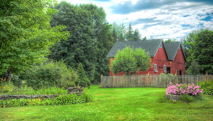 celeiro, vermelho rústico, madeira, Vermont, paisagem, céu de flores, nuvens