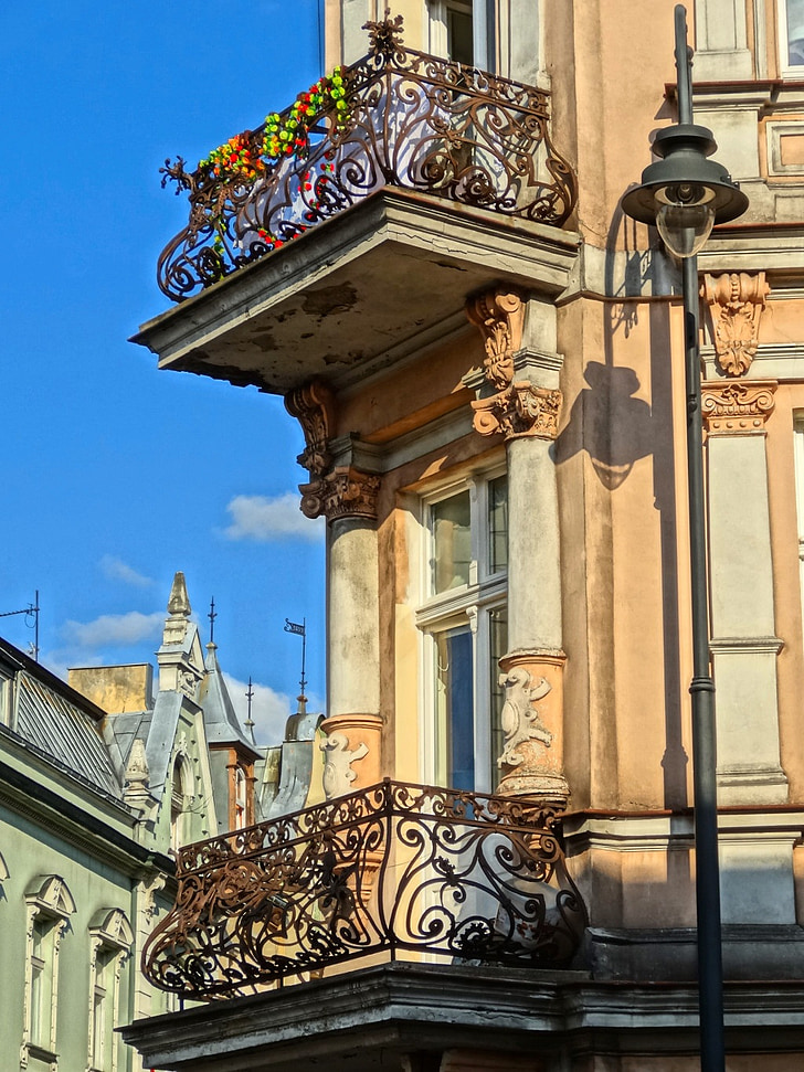 cieszkowskiego street, bydgoszcz, balconies, architecture, facade, building, historic