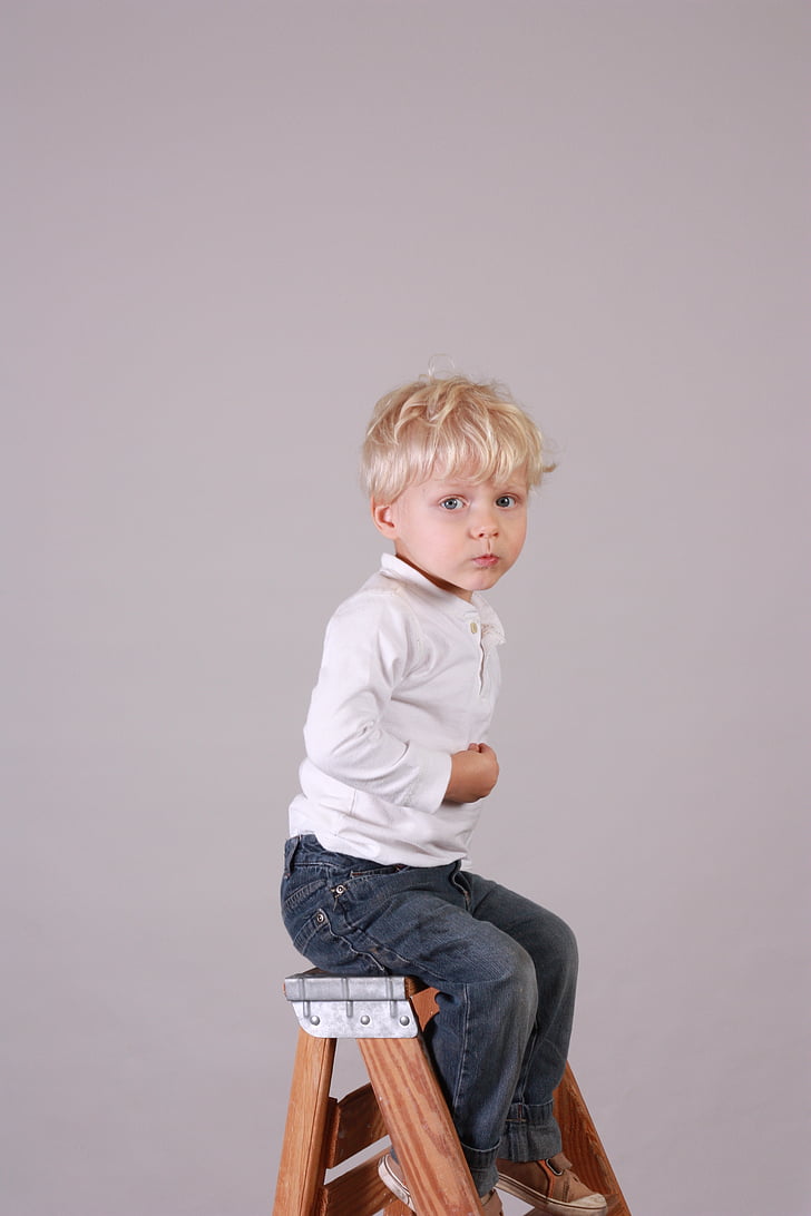 boy, smiling, sitting, stool, careful, balanced, male