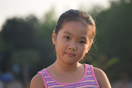 retrato, backlit, à tarde, cara a cara, menina, jovem, Vietnamita