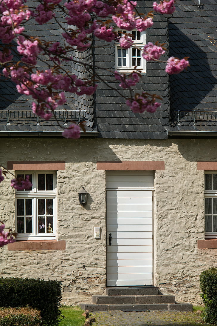 porta, fachada, entrada, porta da frente, pedra natural, ardósia, flor de cerejeira