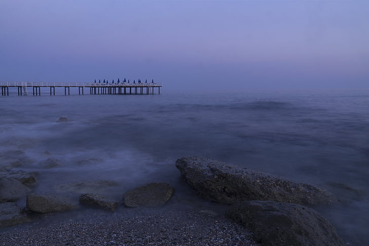 Iskele, Marina, exposició prolongada, posta de sol, fons, blau, costanera