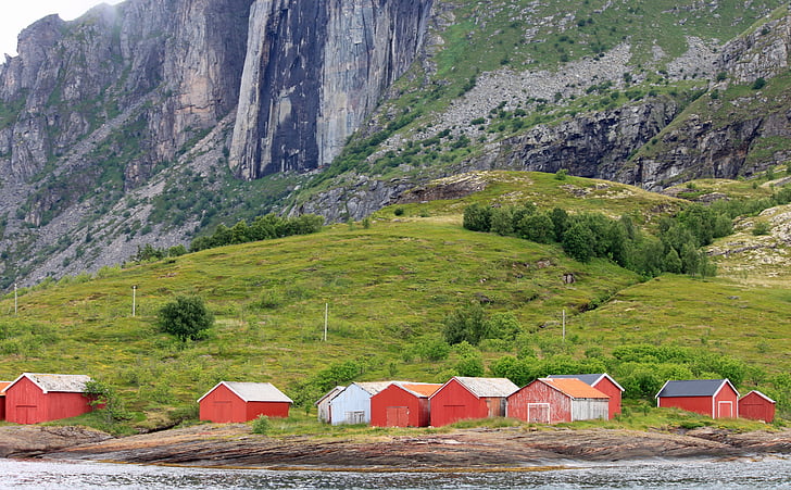 Norvège, cabanes de pêcheurs, rouge, Banque, pêche, Scandinavie