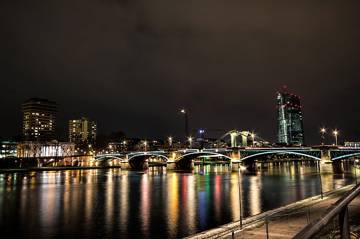 Frankfurt am main Tyskland, på natten, skyline, elven, Bridge, abendstimmung
