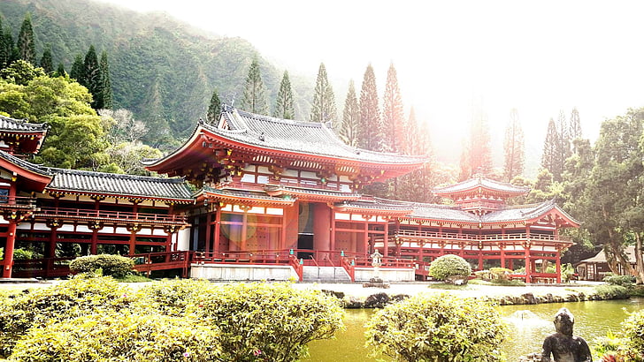 Crveni, drveni, tradicionalni, kuća, vrt, Japan, Japanski vrt