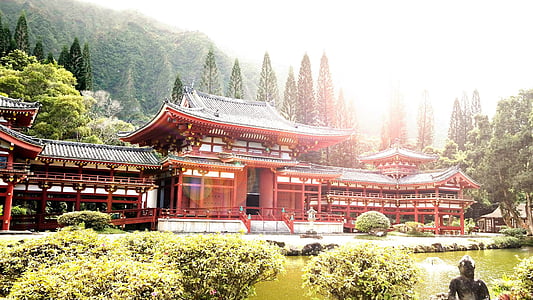 red, wooden, traditional, house, garden, japan, japanese garden