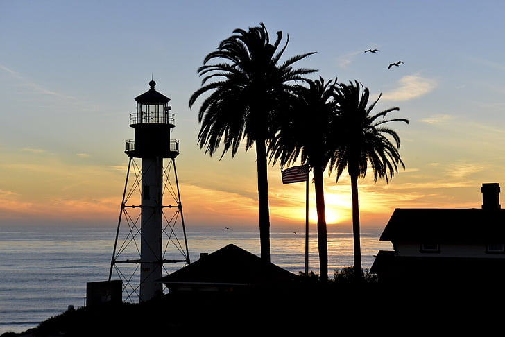Захід сонця, морський пейзаж, води, маяк, силуети, Сан-Дієго, Каліфорнія