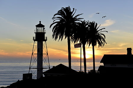 zonsondergang, zeegezicht, water, vuurtoren, silhouetten, San diego, Californië