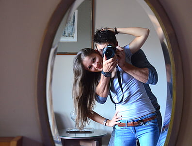 Fotografie, zrcadlo, mladá žena, mladí muži, ženy, lidé, kavkazského etnika
