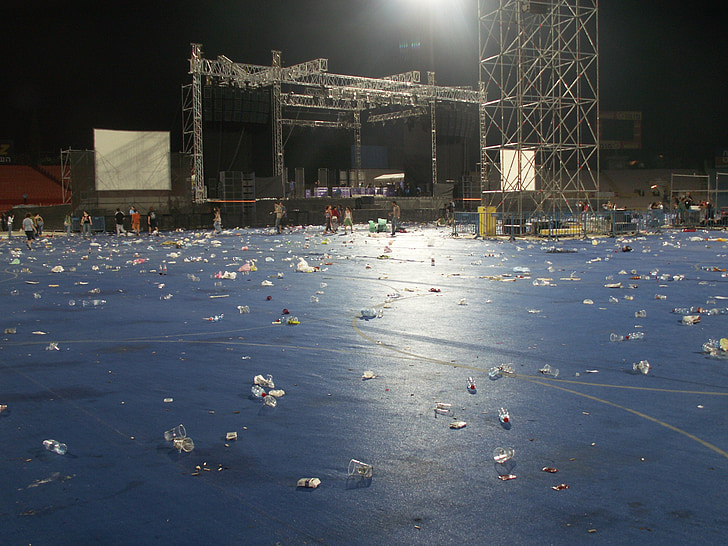 stadium after concert, stadium, concert, litter, garbage, mess, arena