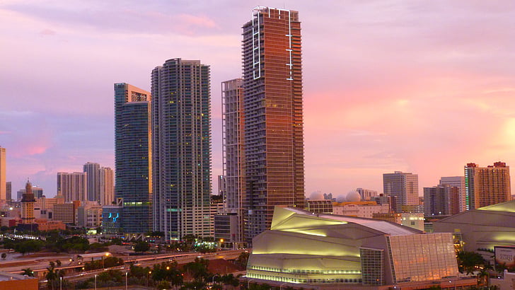 Miami, Skyline, budova, reflexie, západ slnka, mrakodrap