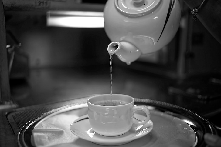 hot, tea, cup, pouring, saucer, teapot, hot water