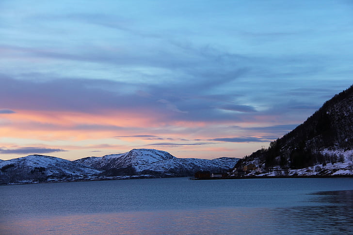 zonsondergang, fjord, Oceaan, Amazing, mooie, zee, sneeuw