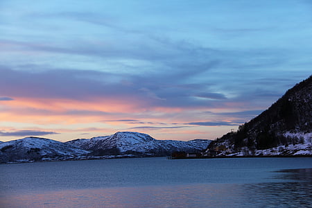 sončni zahod, fjord, Ocean, neverjetno, čudovito, morje, sneg