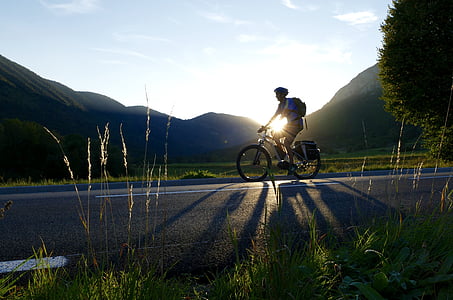 bike, electric, setting, sun, cycling, bicycle, sport