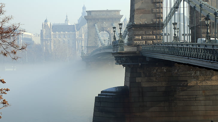 Budapest, Donau, Chain bridge, tåge, arkitektur, indbygget struktur, bygningens ydre