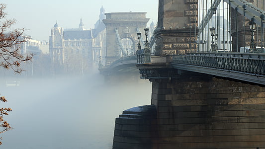 budapest, danube, chain bridge, fog, architecture, built structure, building exterior