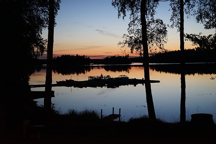 Západ slunce, Švédsko, lodě, večerní obloha, Waldsee, slunce, stále