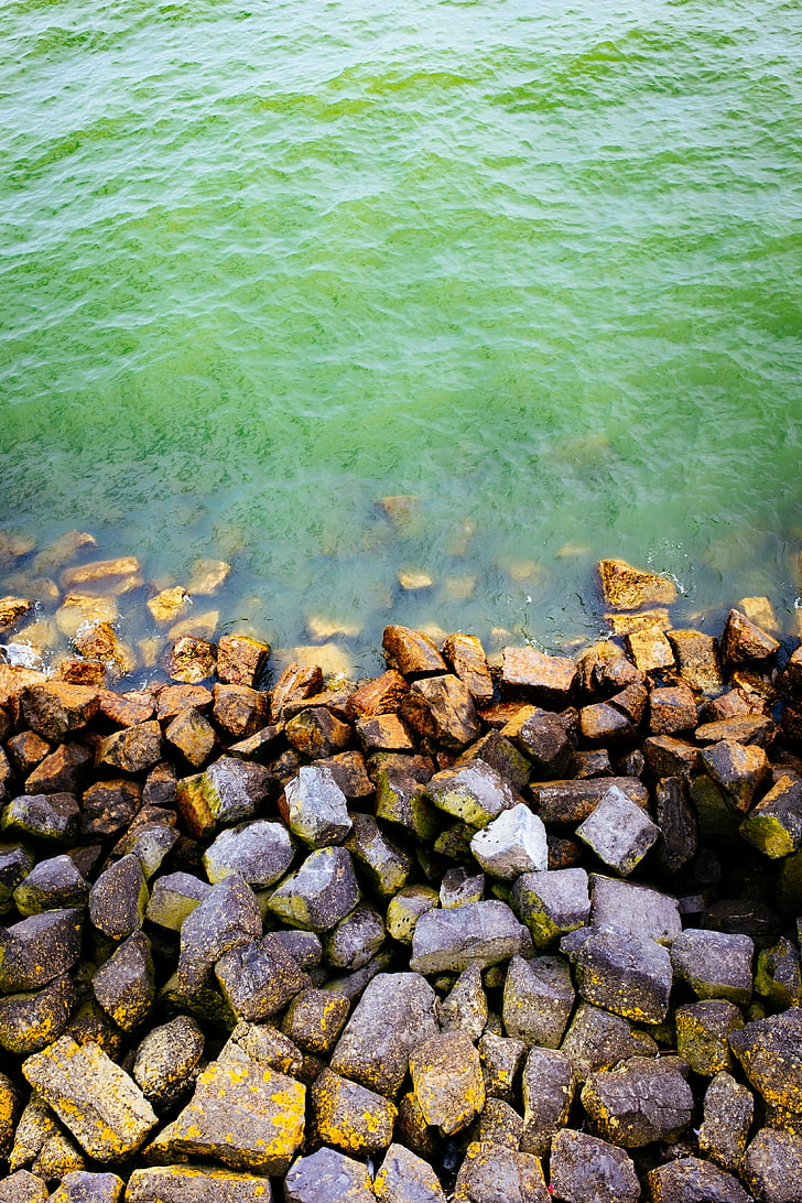 breakwater, pile, ripples, river bank, rocks, stones, water