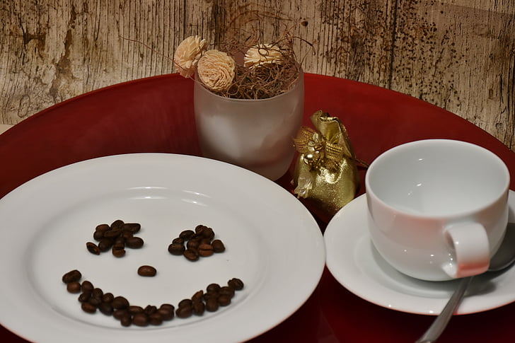 plate, cup, coffee cup, coffee, coffee beans, cover, tableware