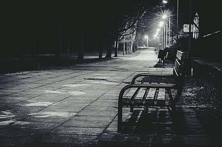 bench, black-and-white, city, dark, evening, illuminated, lampposts