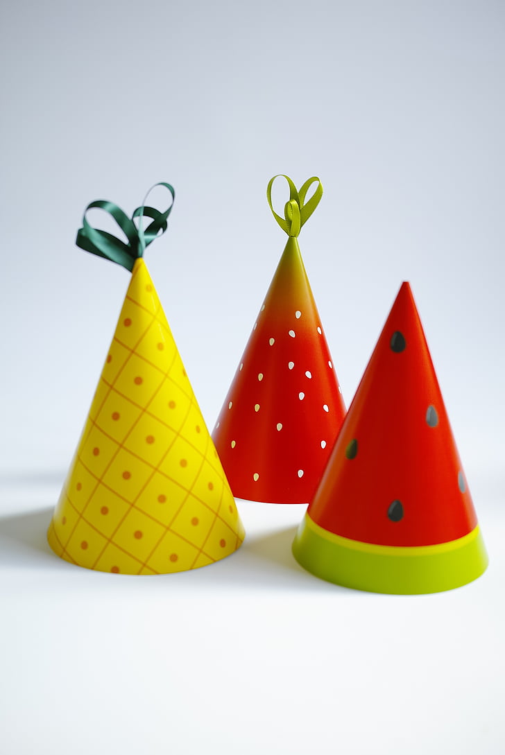 party, party hats, fruit, fruit hat, party hat, studio shot, triangle shape