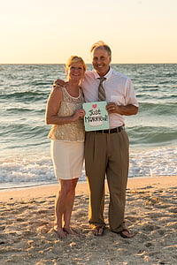 beach wedding, happy couple, sunset, ocean, beach, smiling, people