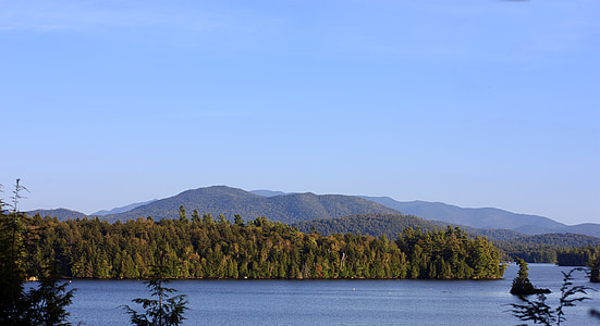 tó, hegyek, Adirondacks, erdő, erdőben, fák, hegyi tó