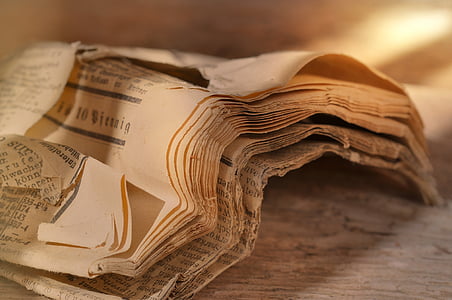 noviny, denní tisk, stránky, zmačkaný, staré, starožitnost, sluneční světlo